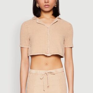 100% Cotton Beige Cropped Button Up for Women Size L